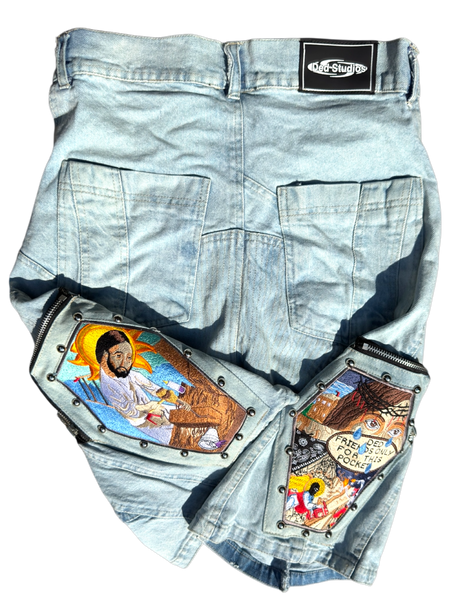 Double Cup runneth over light washed denim shorts